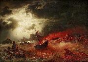 marcus larson Nattlig marin med brinnande fartyg Germany oil painting artist